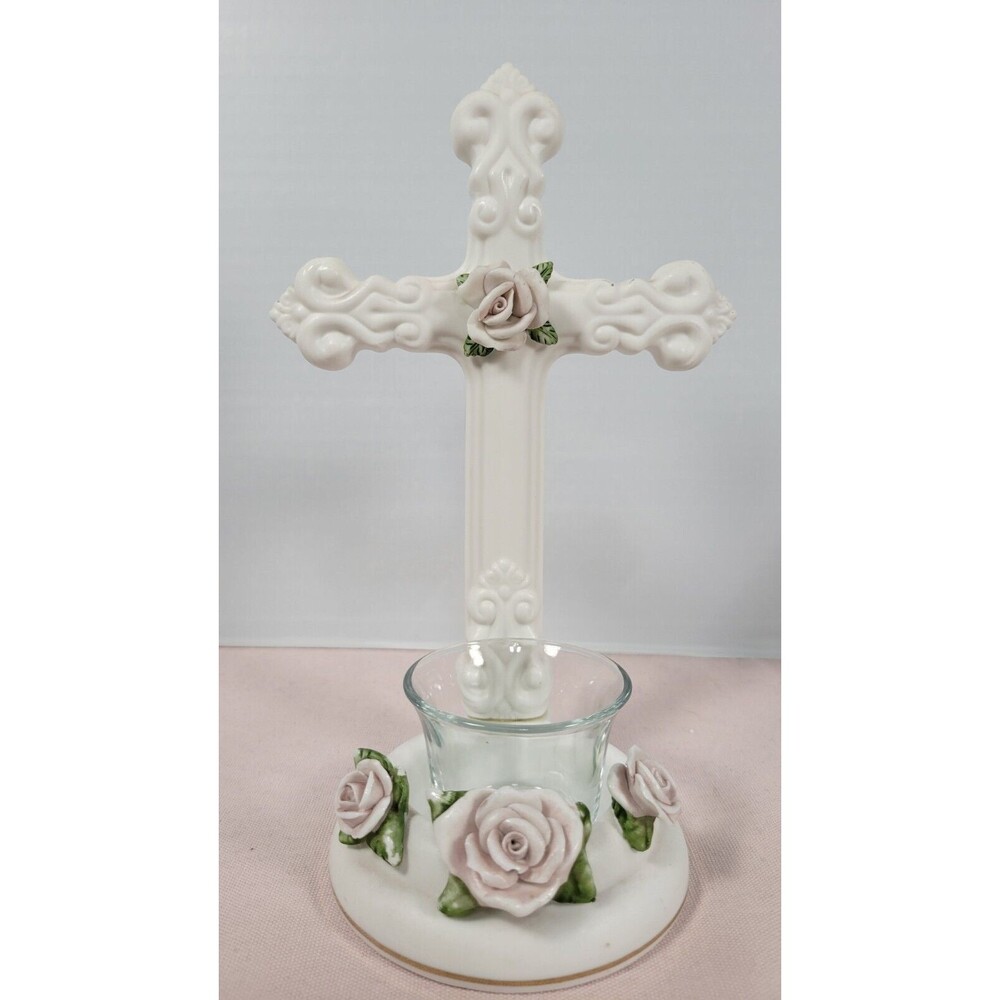 Vintage Teleflora Bisque Ceramic Cross with 3-D Roses Votive Tea Candle Holder